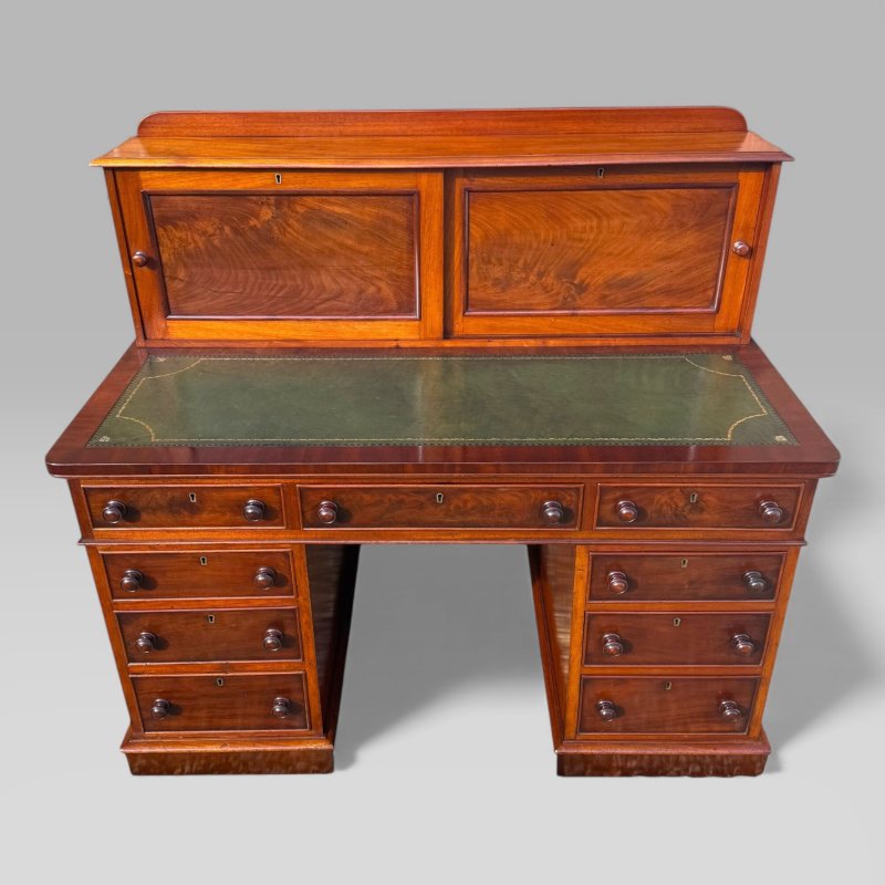 Antique Victorian Mahogany Pedestal Desk – 9 Drawers, Tooled Leather & Cupboard